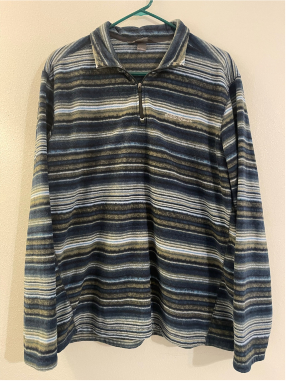 Men's Eddie Bauer Striped Fleece Quarter Zip Pullover Blue Green Size L